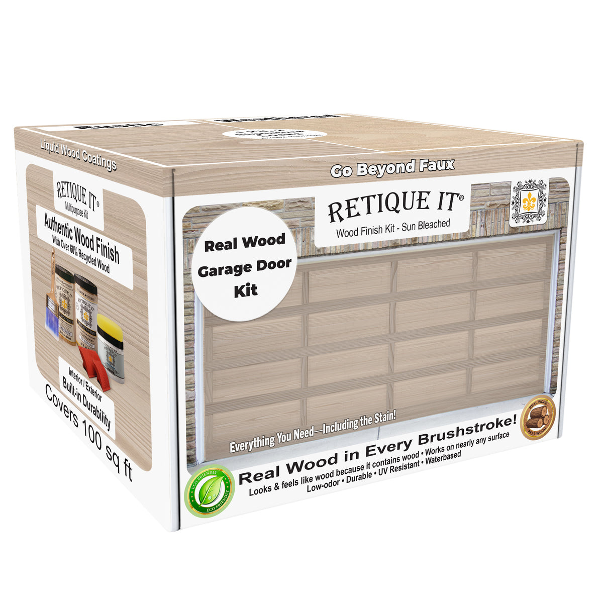 Sun-bleached Wood'n Door Kit by Retique It® for garage doors, showing wood finish application in a 3D box packaging.