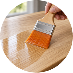 Brush applying clear topcoat to an oak surface