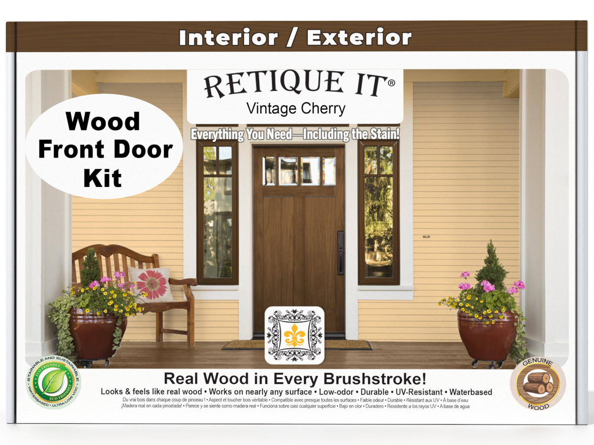 Retique It® Wood'n Finish front door kit in vintage cherry stain, showing a smooth wooden door with rich cherry color and finish details.