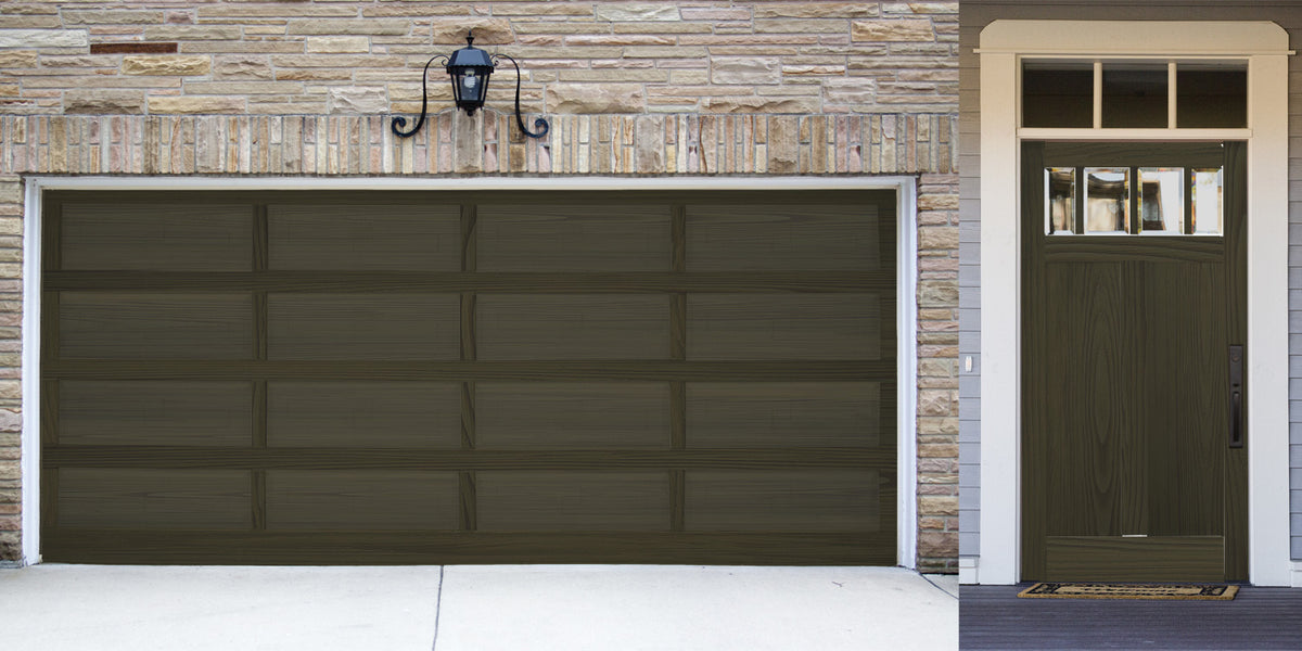 Retique It® Wood'n Door Kit in Charcoal stain applied to a rustic front and garage door, showcasing a durable wood stain finish.