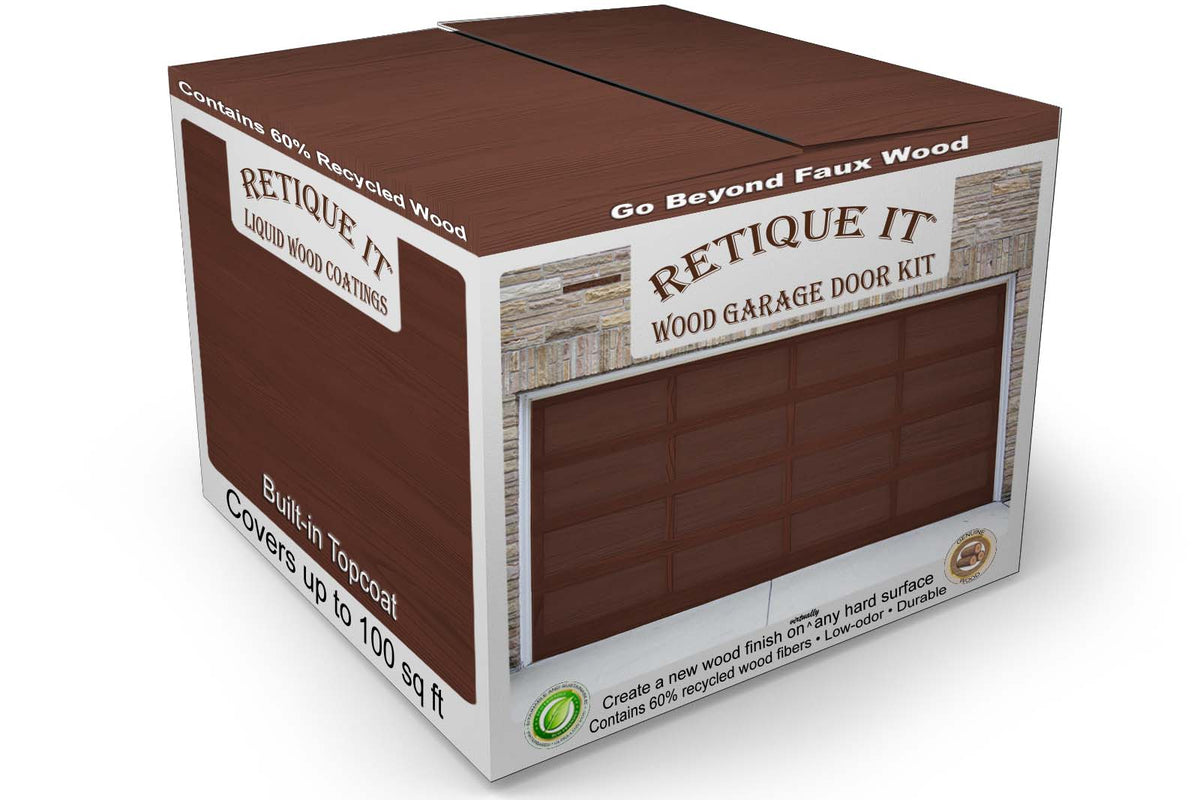 Retique It® Wood'n Door Kit for garage doors in red mahogany stain, showcasing the wood stain application on a garage door surface.