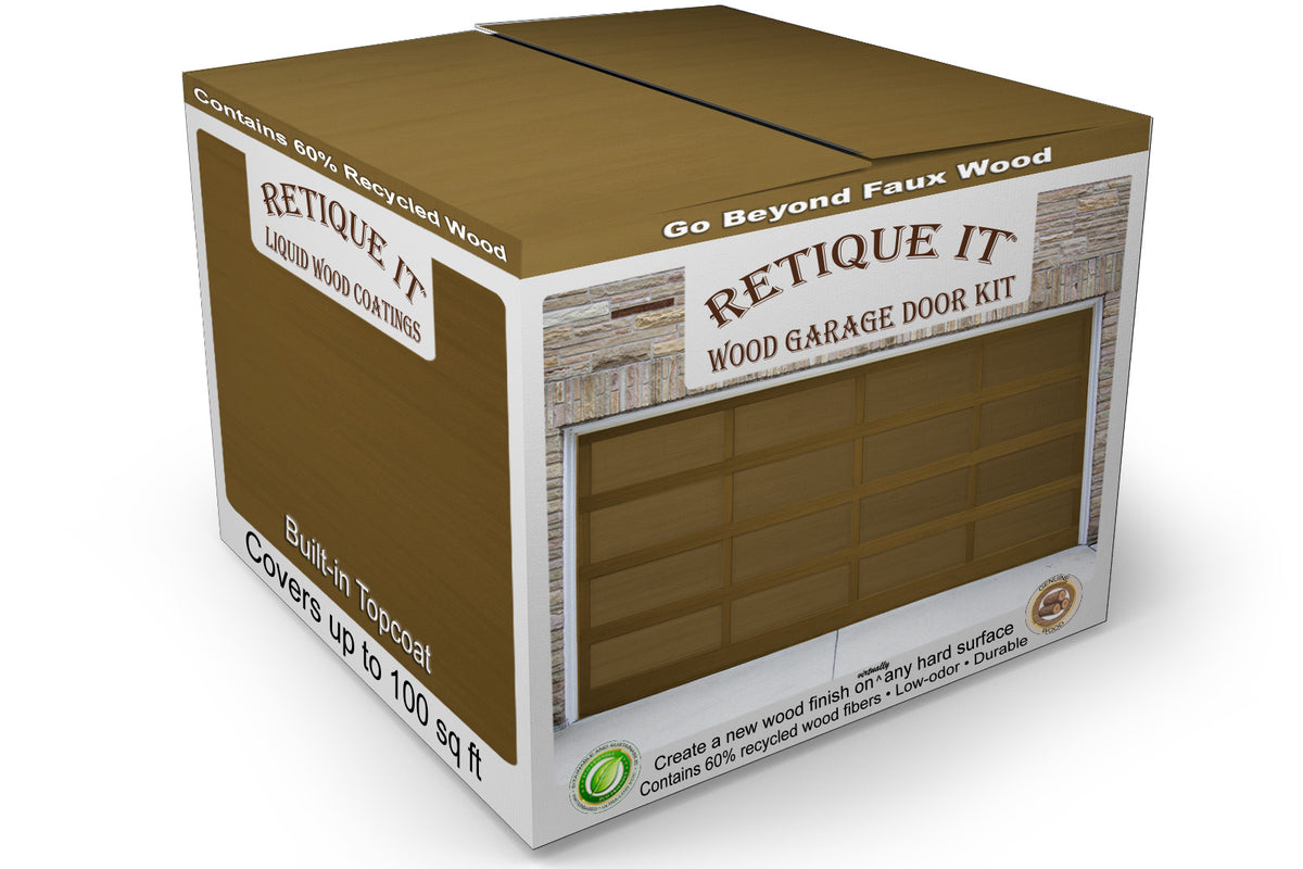 Retique It® Wood'n Door Kit for garage doors in dark pecan stain, showcasing the wood grain and stain finish on a garage door surface.