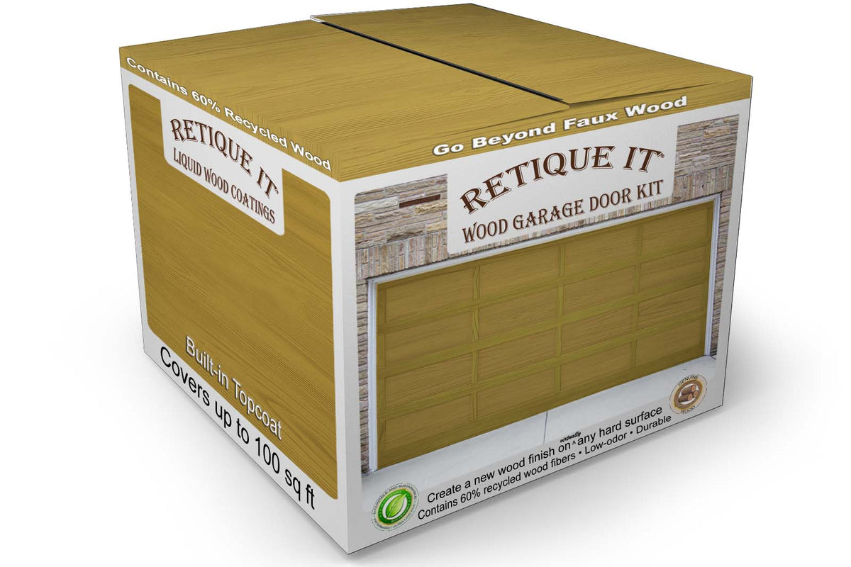 Retique It® Wood'n Door Kit for garage doors in Old Oak stain, featuring wood stain application on a garage door surface.