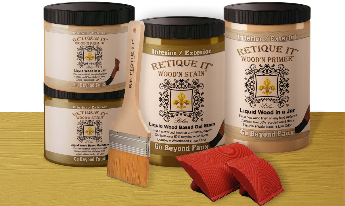 Retique It® Wood'n Door Kit for garage doors in Old Oak stain, featuring wood stain application tools and sample wood panels.