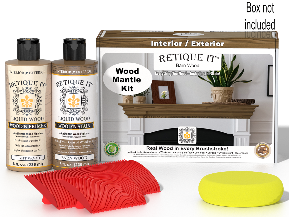 Retique It® Fireplace Mantel Wood'n Finish Kit in Modern Walnut stain, showing wood stain application on a fireplace mantel.