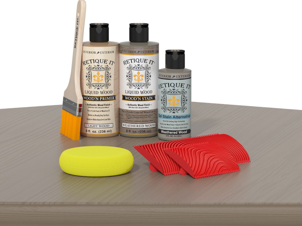 Retique It® Wood'n Finish Kit for weathered wood, showing stained wooden tabletop with a weathered, rustic finish.