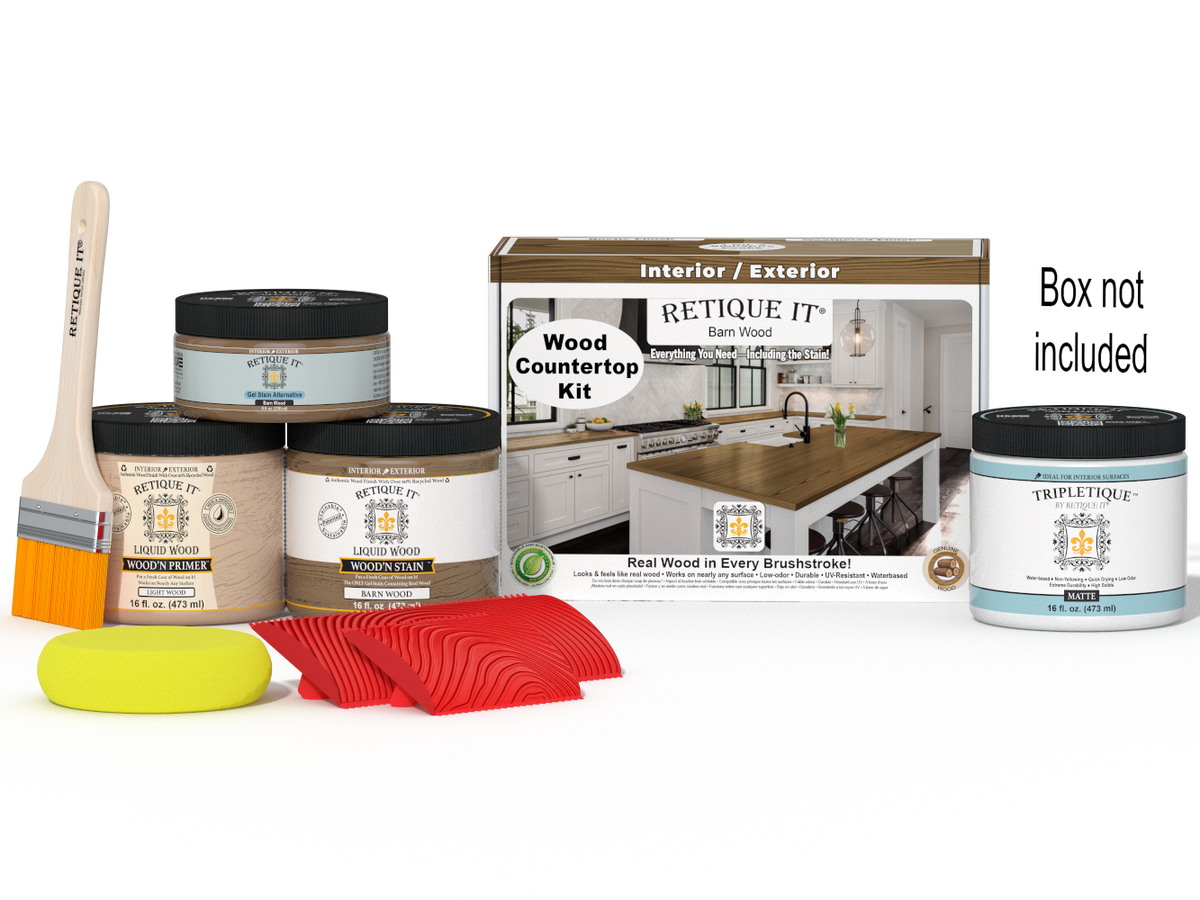 Retique It® barn wood countertop kit for kitchen islands with stains, featuring a natural wood grain finish and included box.