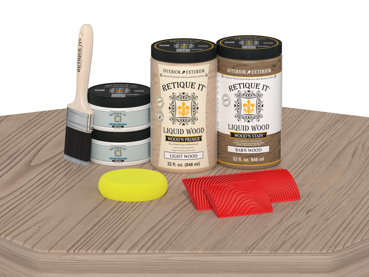 Large French oak Wood'n Finish Kit from Retique It® on a table, featuring brushes and finish bottles for multi-purpose wood finishing.