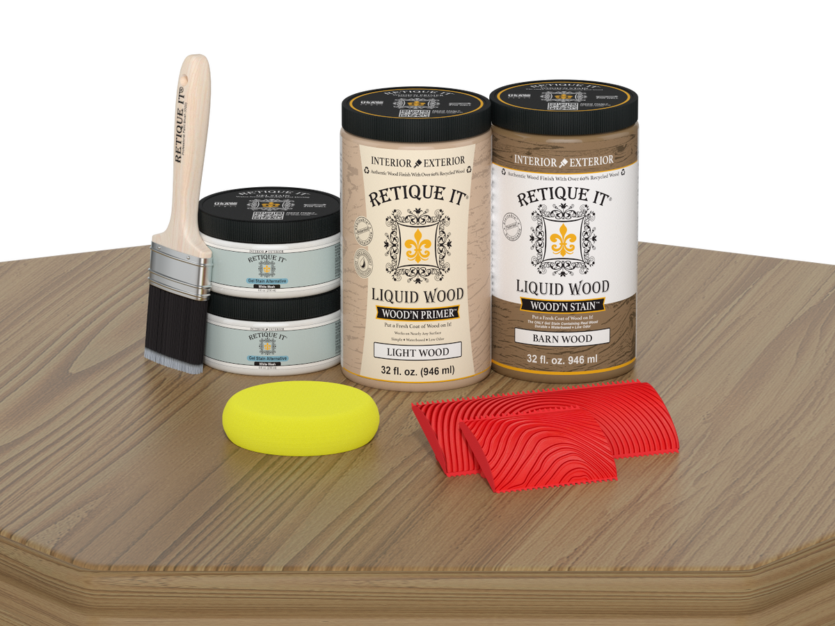 Retique It® Wood'n Cabinet Kit in French Oak stain, showing 12 grained cabinet doors with wood grain finish.