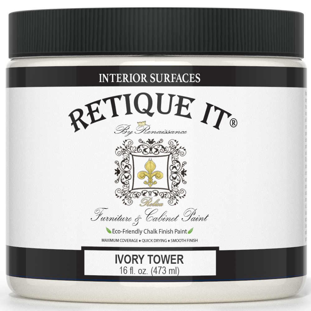 Retique It® Renaissance Furniture Paint in Ivory Tower, a close-up of the smooth, creamy ivory-colored paint on a furniture surface.