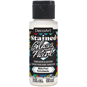 DecoArt stained glass paints in vibrant colors, displayed on a palette with glass artwork in the background.