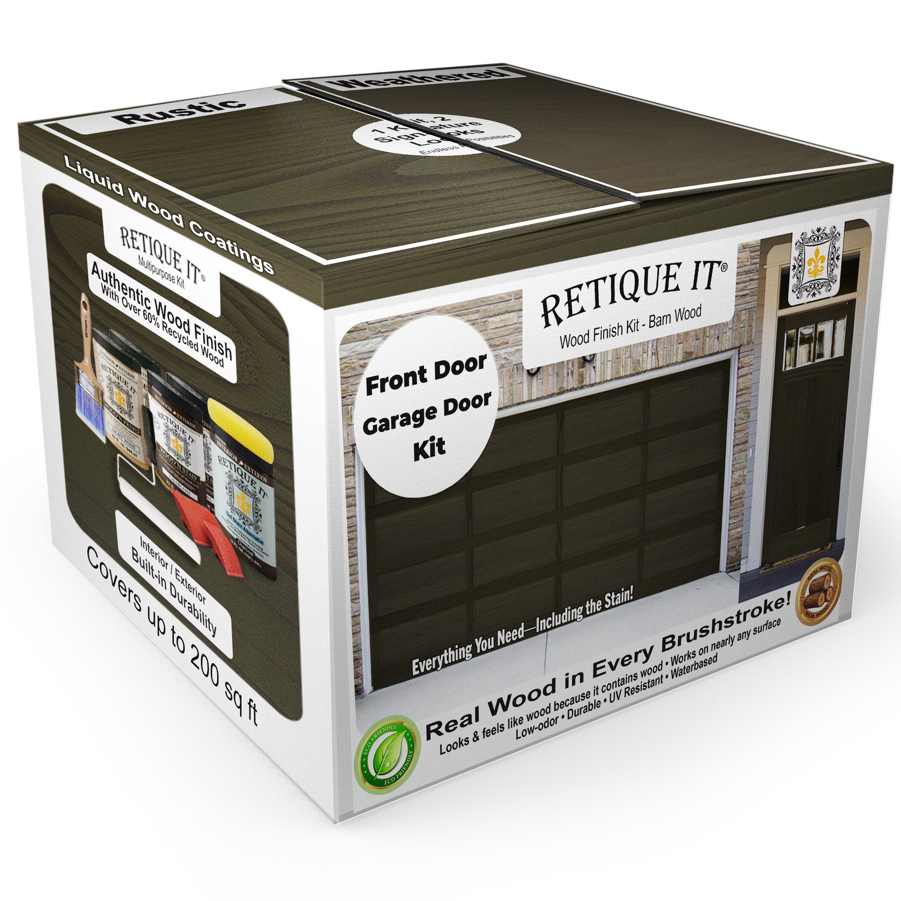 Retique It® Wood'n Door smooth finish kit for front and garage doors, charcoal stain, includes stain and application tools.