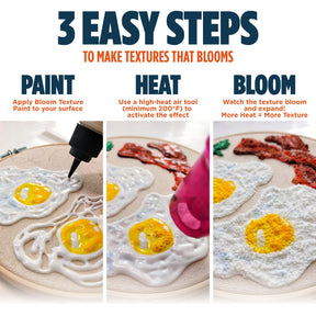 DecoArt Bloom Texture Paint Gesso Cloud White shown in a three-step application process image.