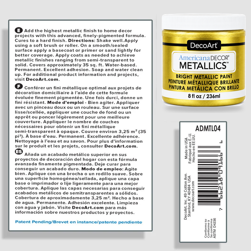 DecoArt Americana Decor Metallics 24K Gold paint information sheet showing product details and gold finish