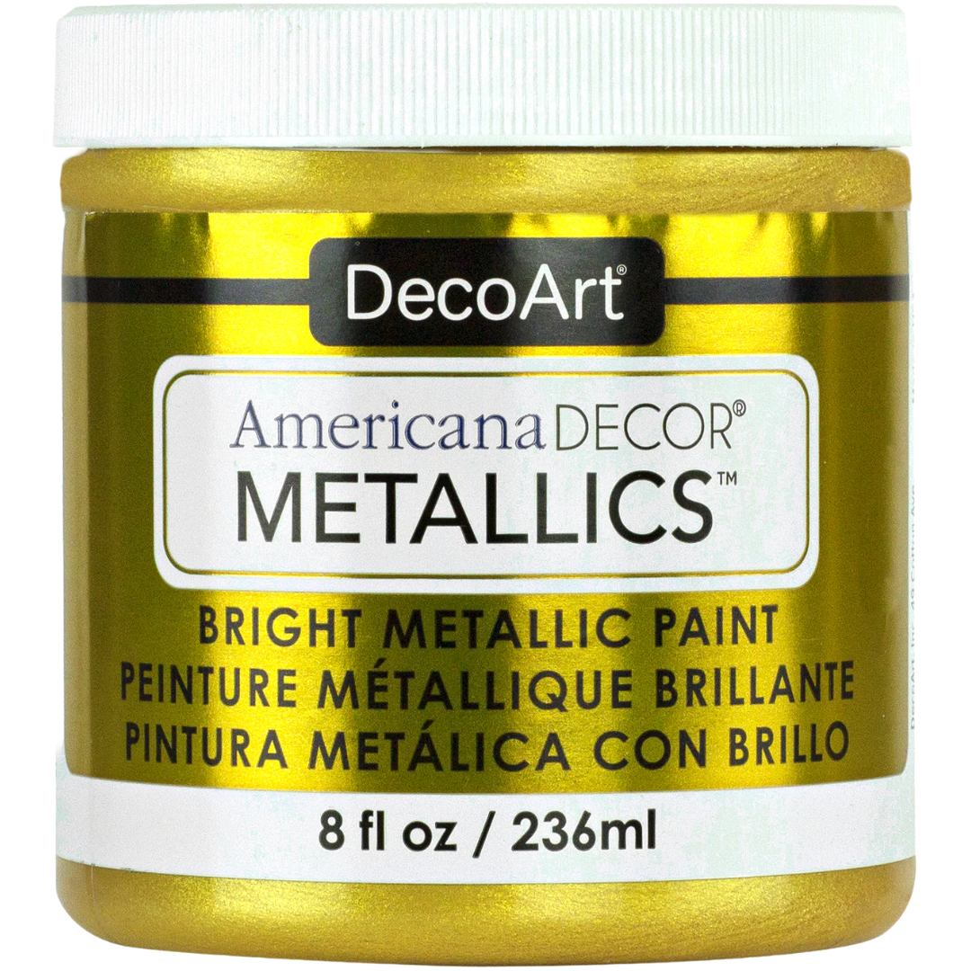 DecoArt Americana Decor Metallics 24K Gold paint in a sleek container with gold label, suitable for decorative projects and craft work.