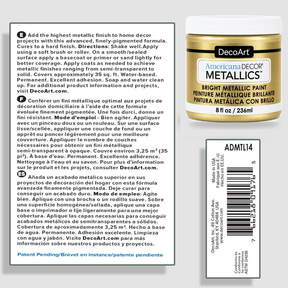 DecoArt Americana Decor Metallics Soft Gold information sheet with product details and application instructions