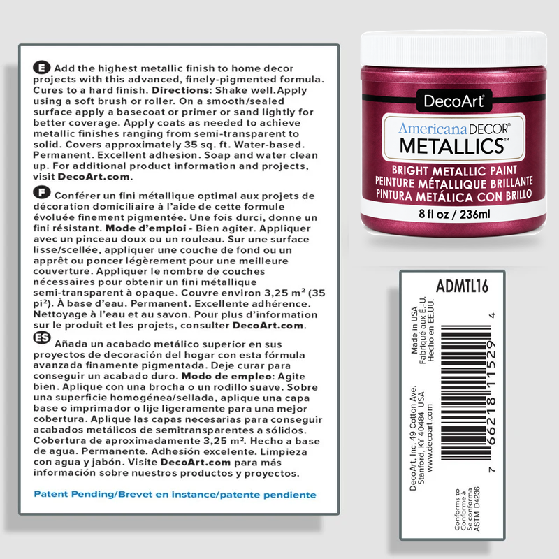 DecoArt Americana Decor Metallics Berry paint information sheet with product details and color sample