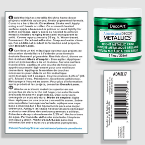 DecoArt Americana Decor Metallics Emerald paint information sheet with product details and application instructions
