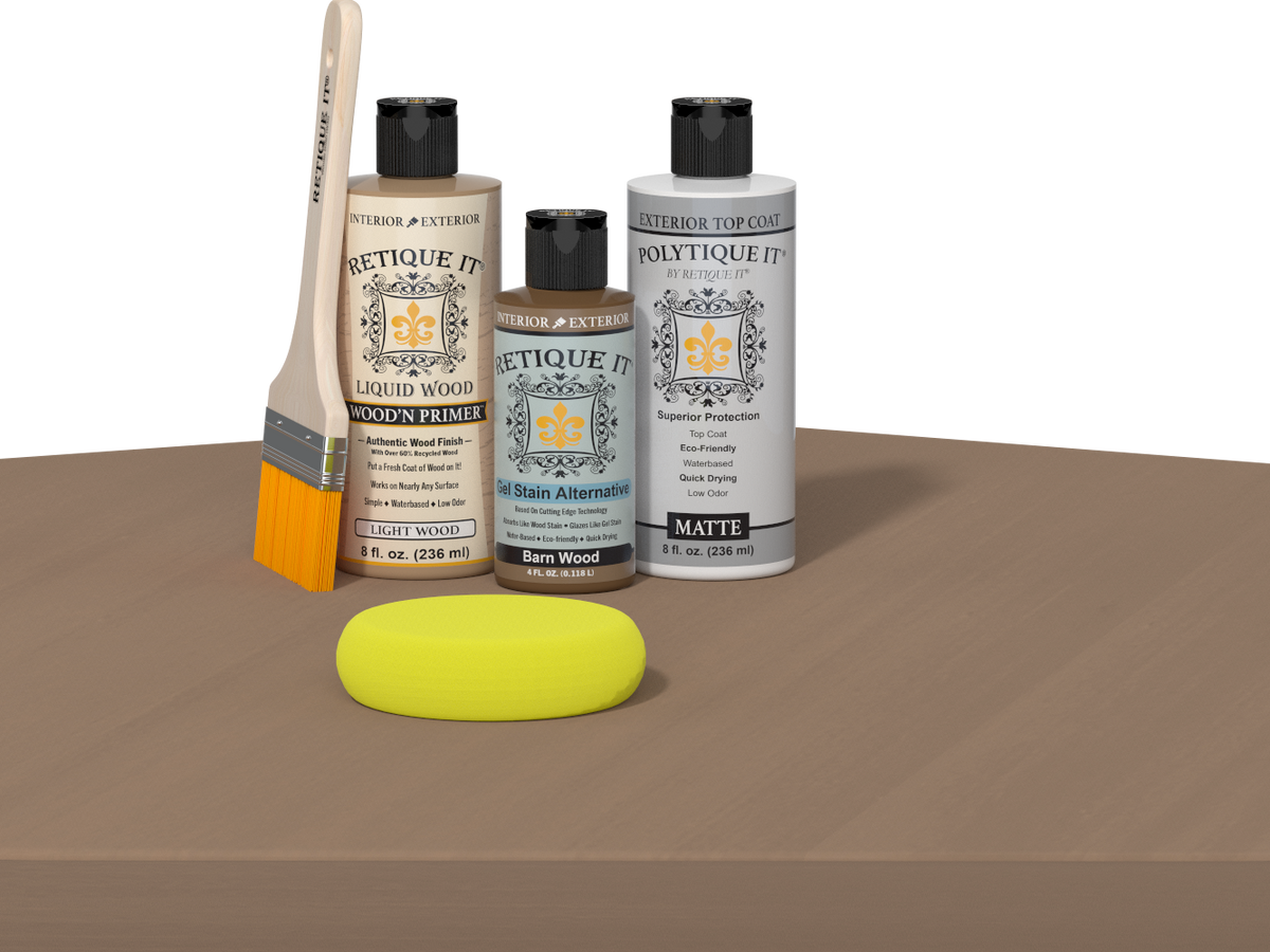 Retique It® Wood'n Finish Kit in Barn Wood with satin top coat for exterior wood projects, featuring smooth finish and multi-purpose design.