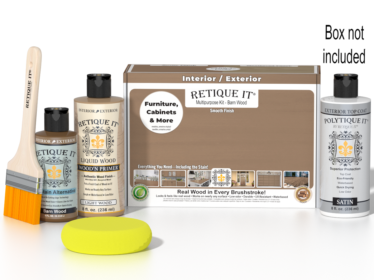 Retique It Multi-purpose Smooth Finish Kit in Barn Wood with exterior top coat and applicator tools on a white background.