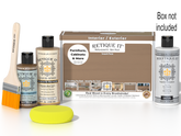 Retique It Multi-purpose Smooth Finish Kit in Barn Wood with exterior top coat and applicator tools on a white background.