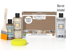 Retique It Multi-purpose Smooth Finish Kit in Barn Wood with exterior top coat and applicator tools on a white background.