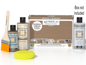 Retique It® Multi-purpose Smooth Finish Kit in Barn Wood with exterior top coat and applicator tools on a white background.