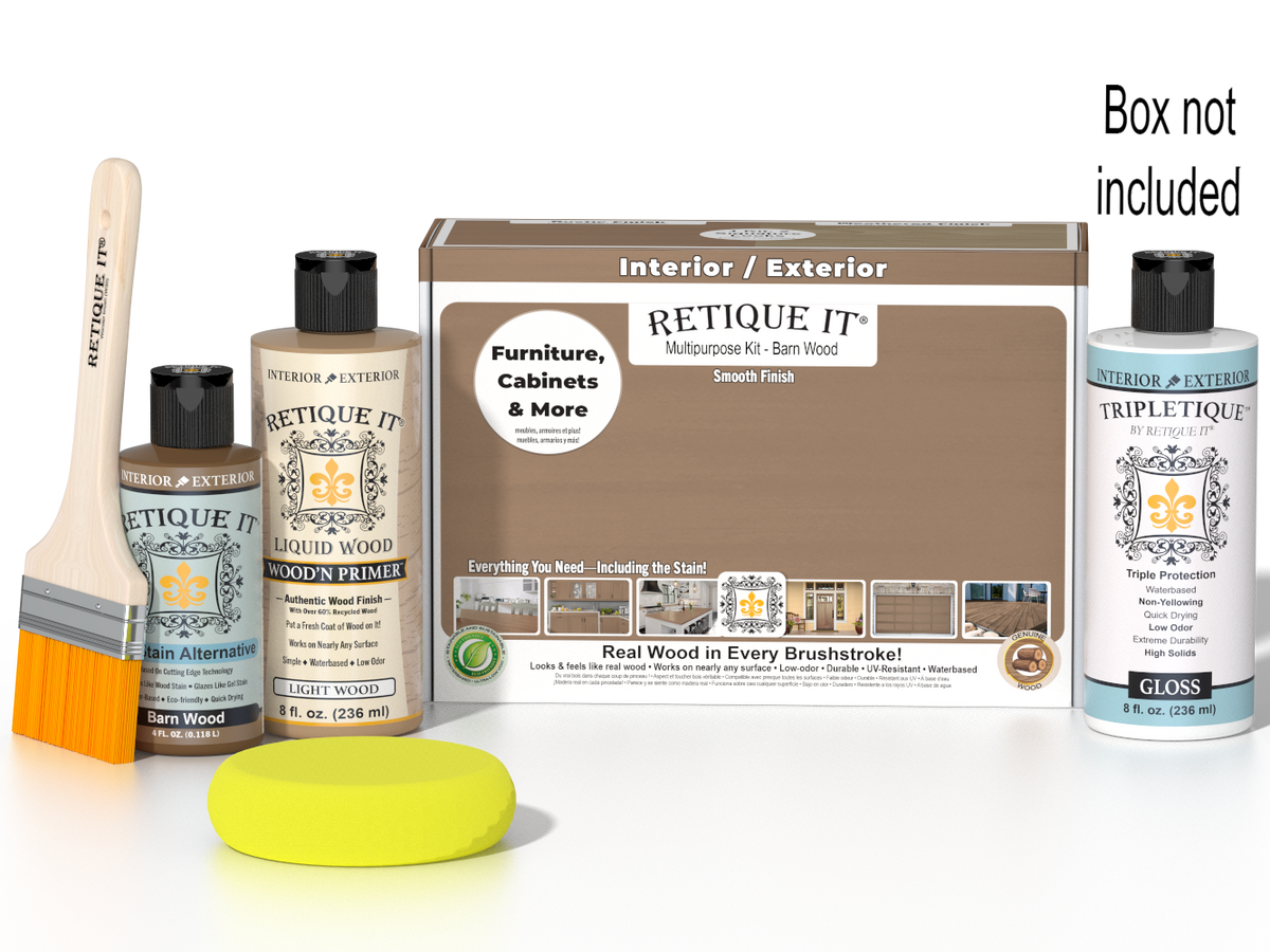 Retique It Wood'n Finish Kit in Barn Wood with smooth top coat, featuring tools and materials for interior wood finishing.