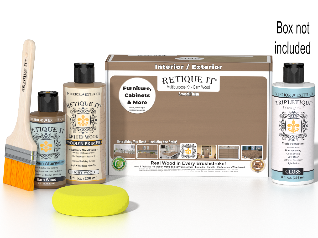 Retique It® Wood'n Finish Kit in Barn Wood with smooth top coat, featuring tools and materials for interior wood finishing.