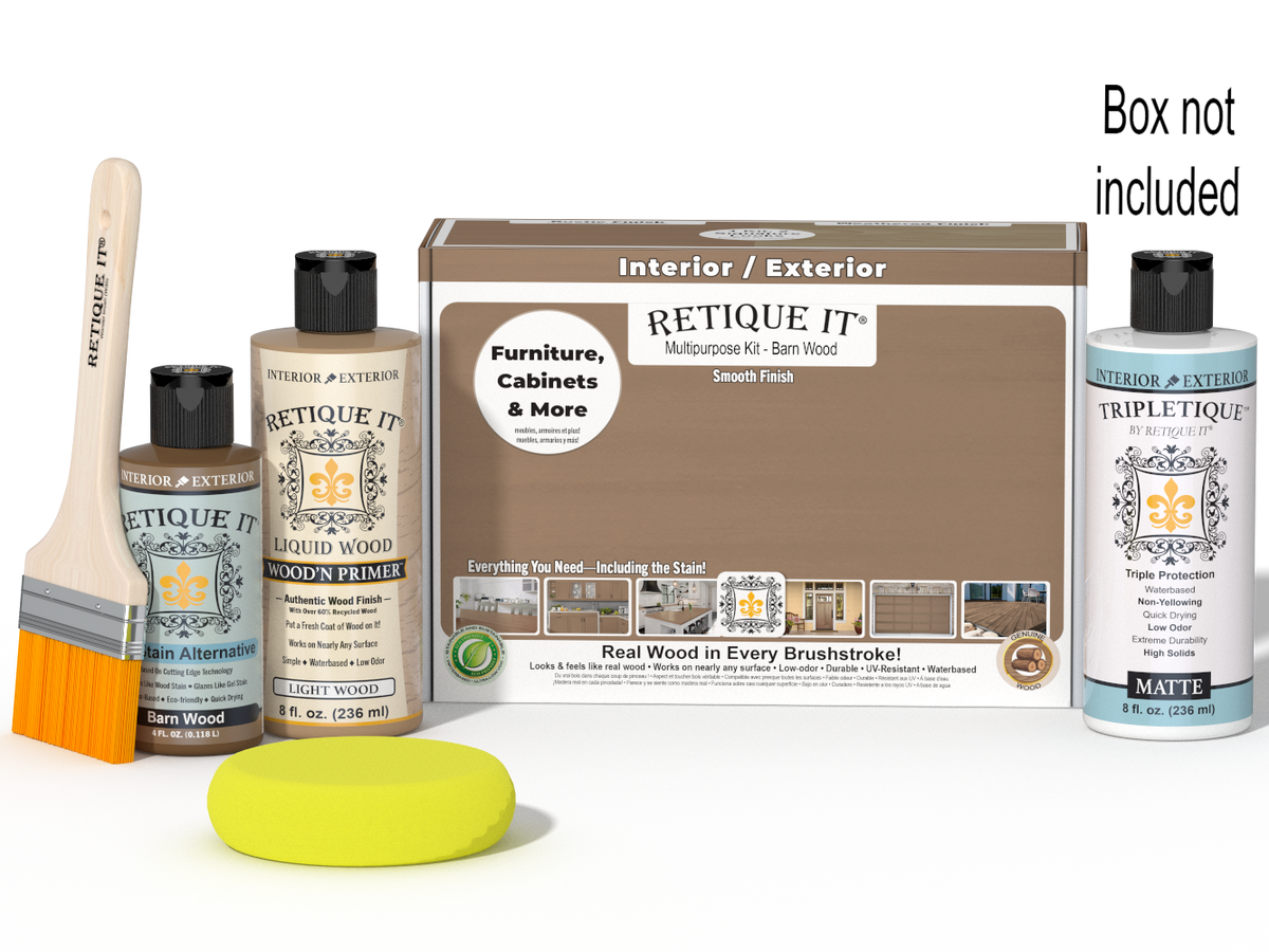 Retique It® Multi-purpose Smooth Finish Kit in Barn Wood for interior wood projects, includes top coat and matte finish.
