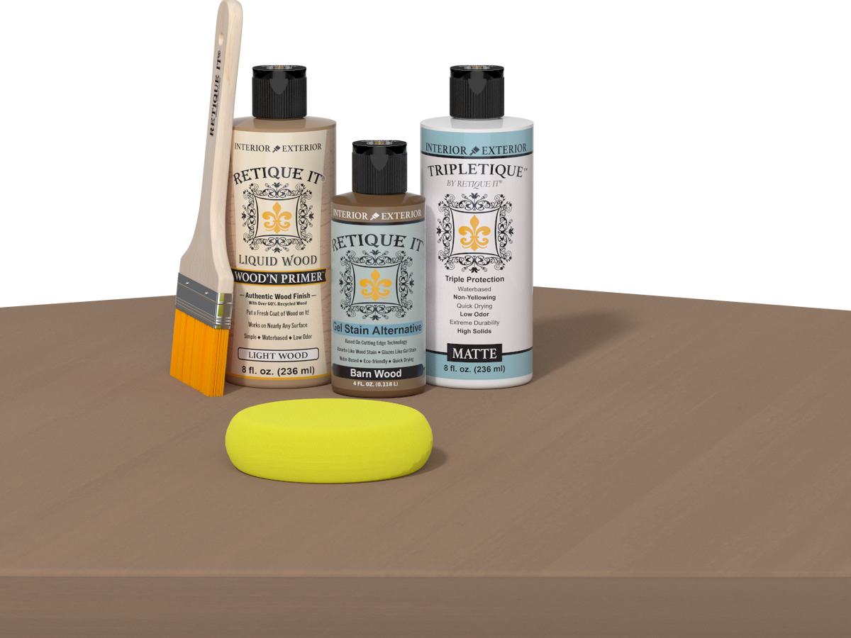 Retique It® Wood'n Finish Kit in barn wood with smooth satin top coat, featuring application tools and sample wood surface.