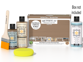 Retique It® Wood'n Finish Kit in barn wood for interior top coat with smooth finish, includes brush and finishing tools.