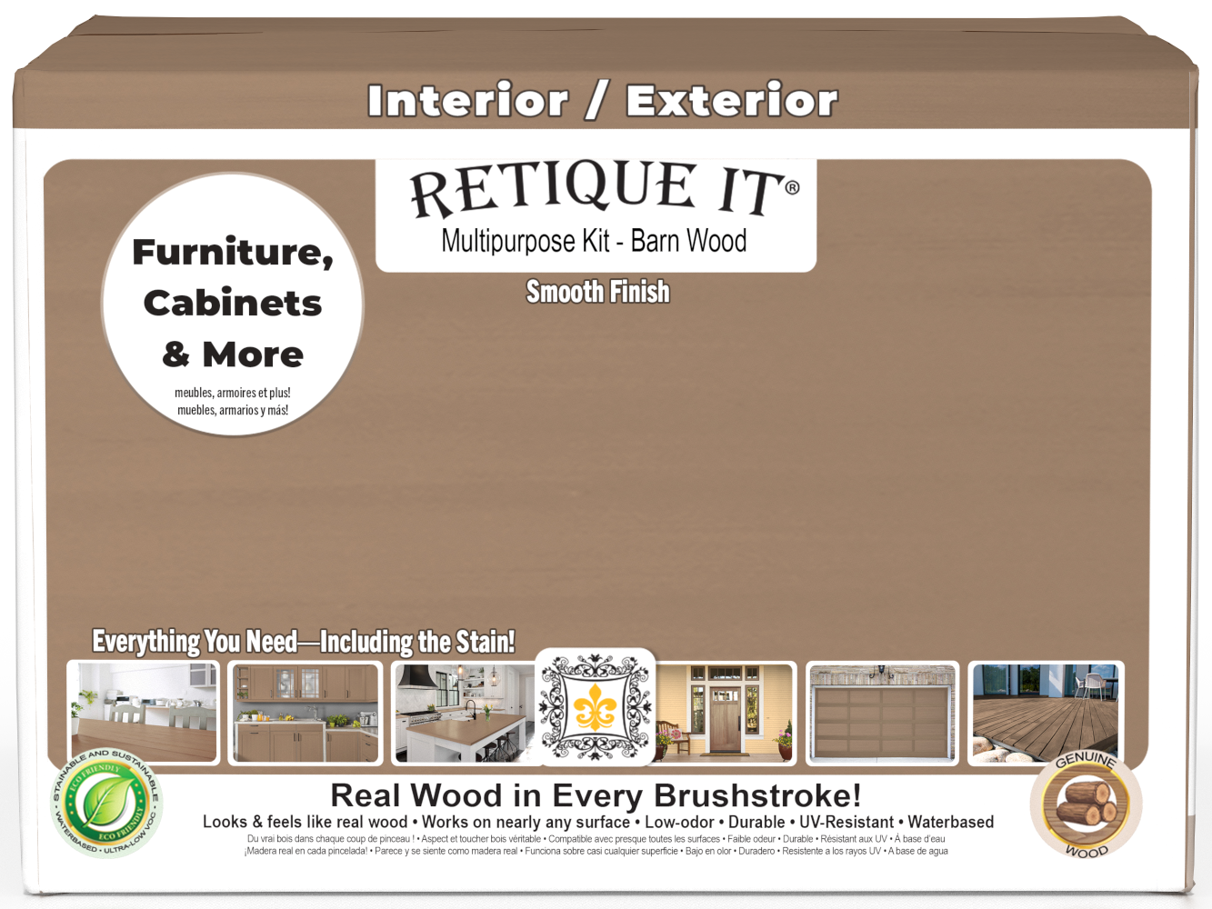 Retique It® Multi-purpose Smooth Finish Kit in Barn Wood, exterior top coat, matte finish, 4 large wood finish bottles in box