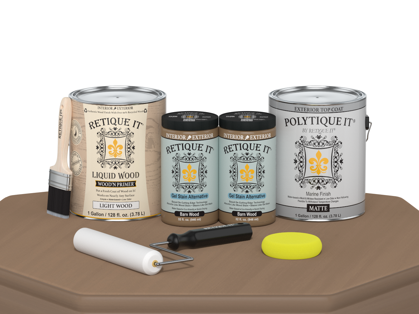 Retique It® Wood'n Finish Kit with four large barn wood exterior top coats in matte finish, ideal for multi-purpose smooth wood finishing.