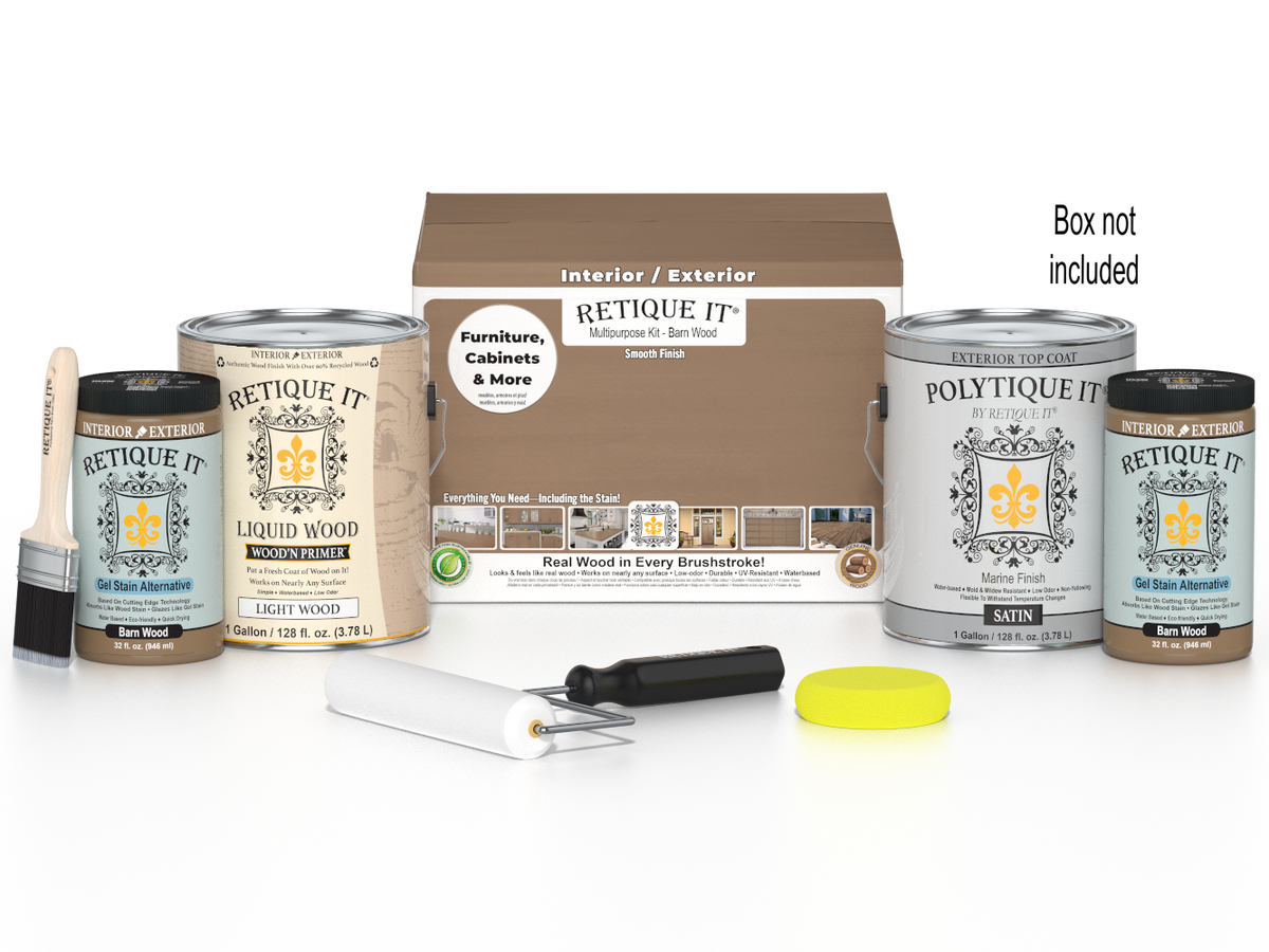 Retique It Multi-purpose Smooth Finish Kit in barn wood for exterior top coating, includes four large wood finish containers and applicator tools.