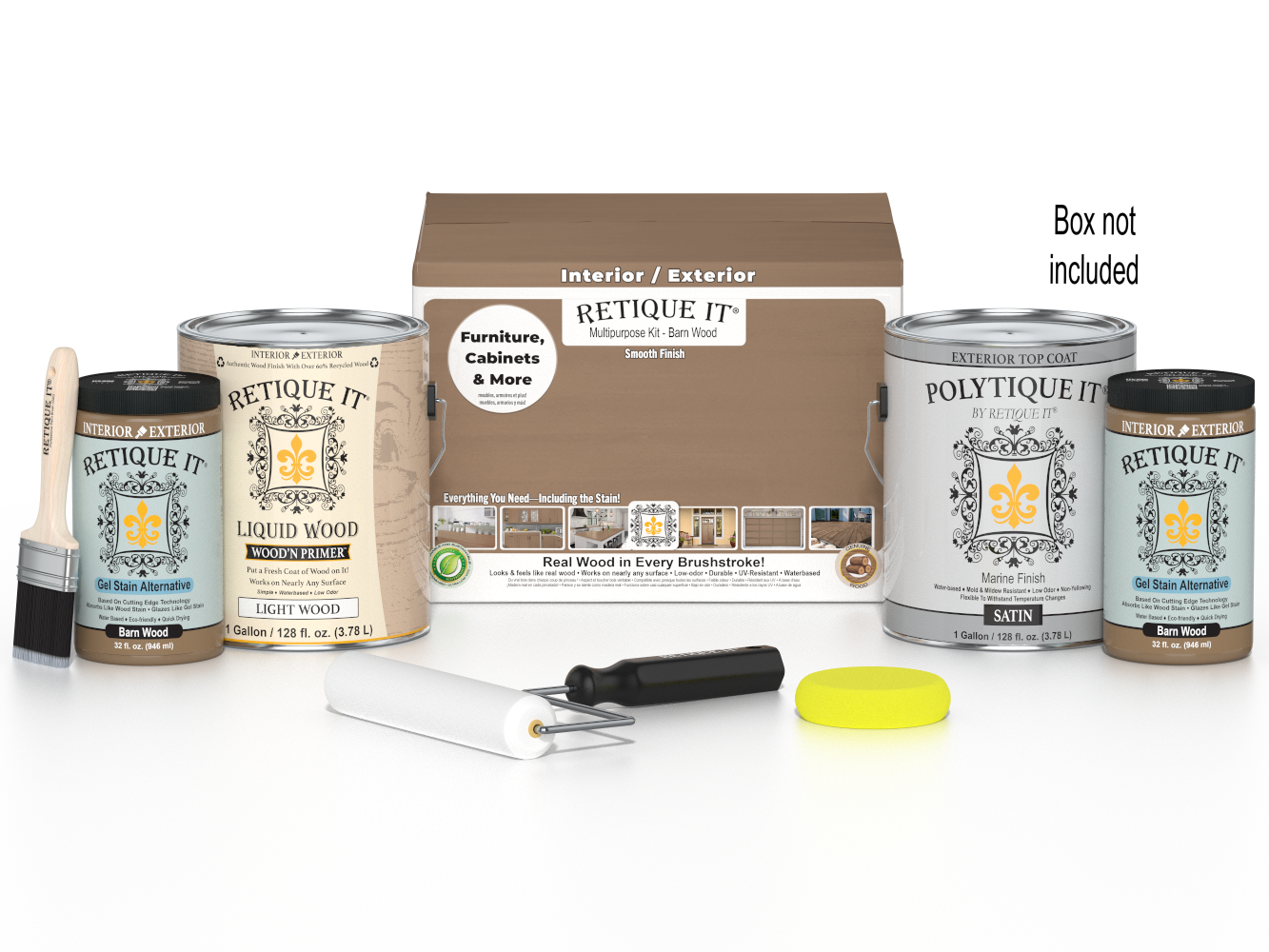 Retique It® Wood'n Finish Kits: Multi-purpose smooth finish kit in barn wood for exterior top coating, shown with four large bottles and box.