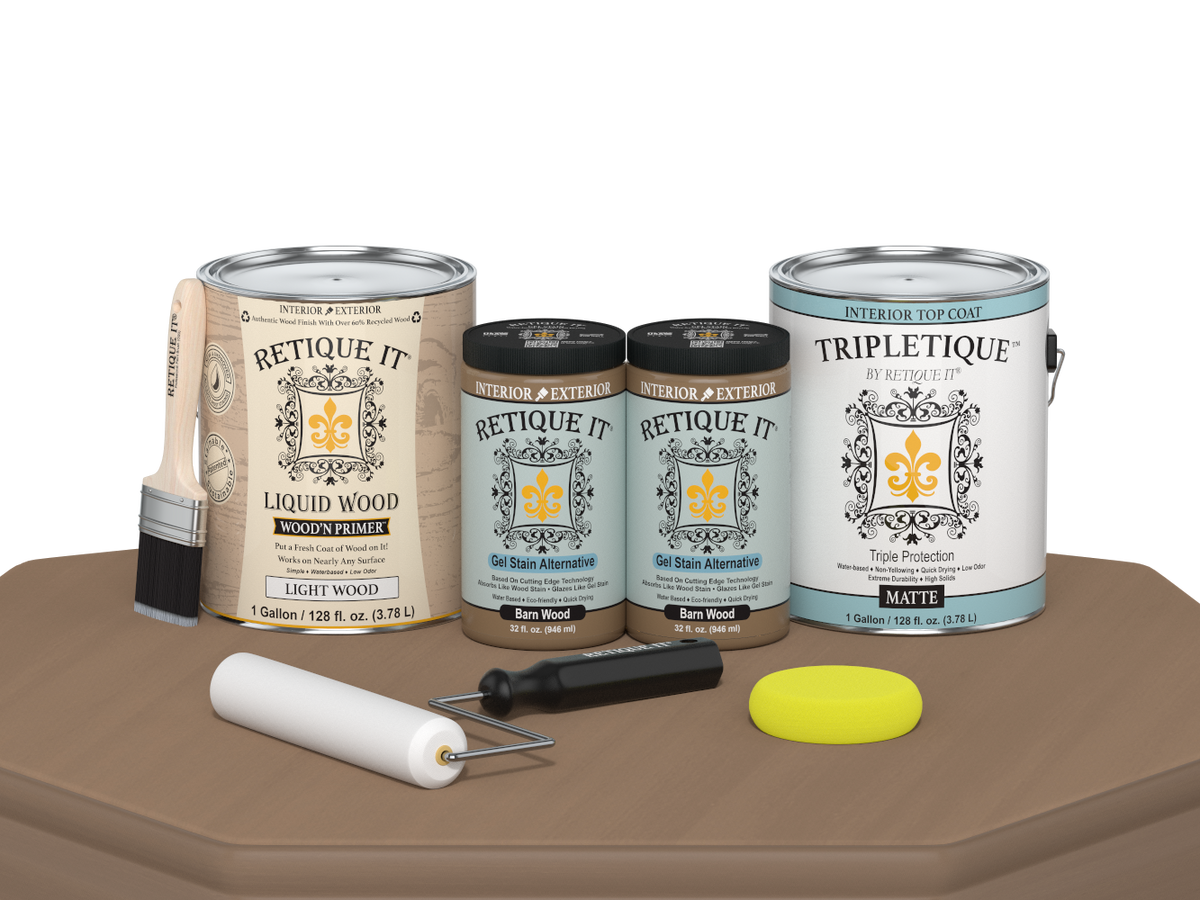 Retique It® Multi-purpose Smooth Finish Kit in barn wood, includes four large satin top coat bottles for interior wood projects.