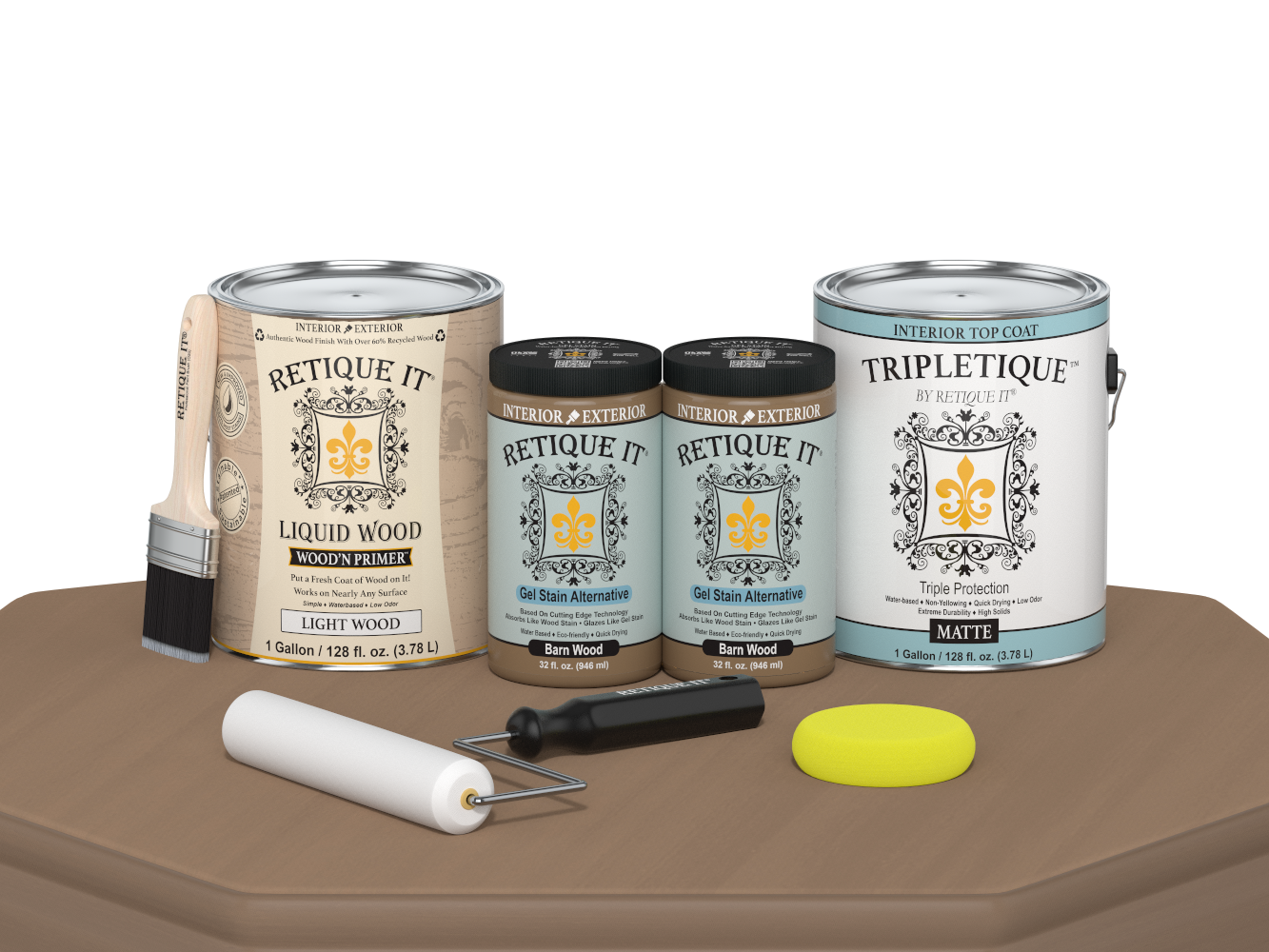 Retique It® Multi-purpose Smooth Finish Kit in barn wood, includes four large satin top coat bottles for interior wood projects.
