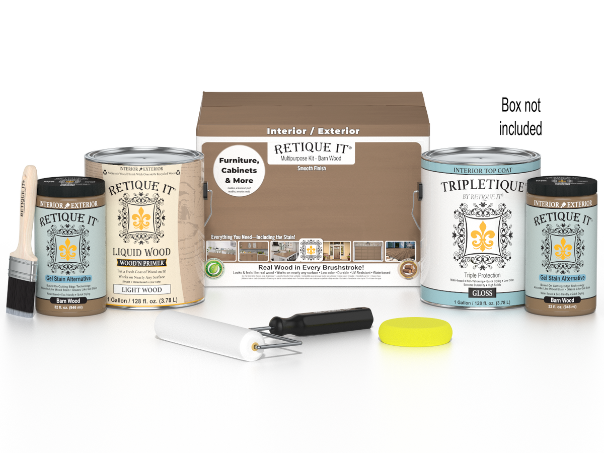 Retique It Wood'n Finish Kit with four large barn wood top coats for smooth interior wood finishing, shown in a box.