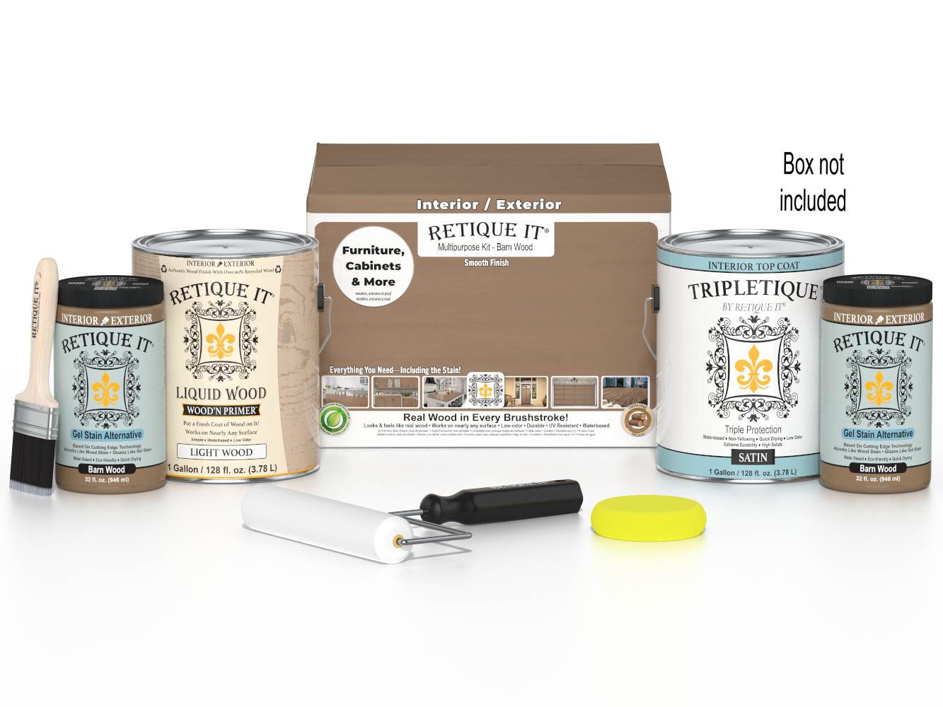 Retique It® wood finish kit with four large barn wood satin top coat bottles and applicator brushes for interior projects.