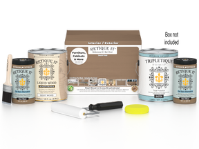 Retique It® wood finish kit with four large barn wood satin top coat bottles and applicator brushes for interior projects.