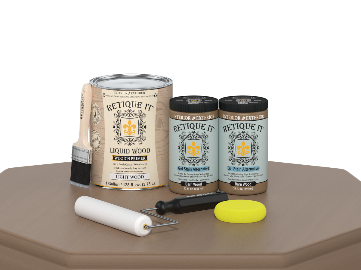Retique It® wood finish kit with four large barn wood-colored smooth finish bottles for multi-purpose furniture projects.