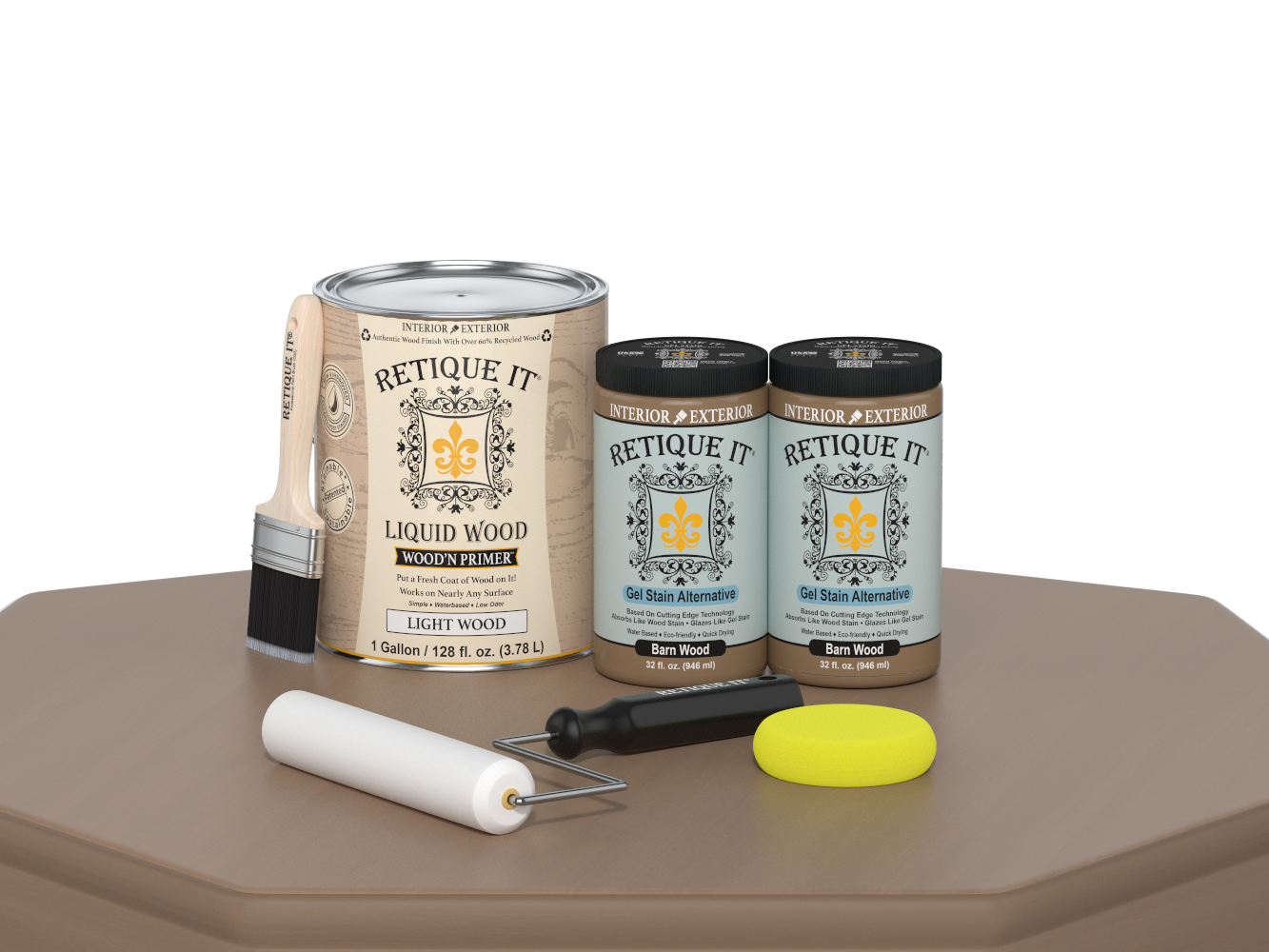 Retique It® wood finish kit with four large barn wood-colored smooth finish bottles for multi-purpose furniture projects.