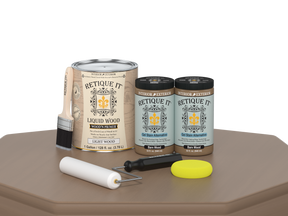 Retique It® wood finish kit with four large barn wood-colored smooth finish bottles for multi-purpose furniture projects.