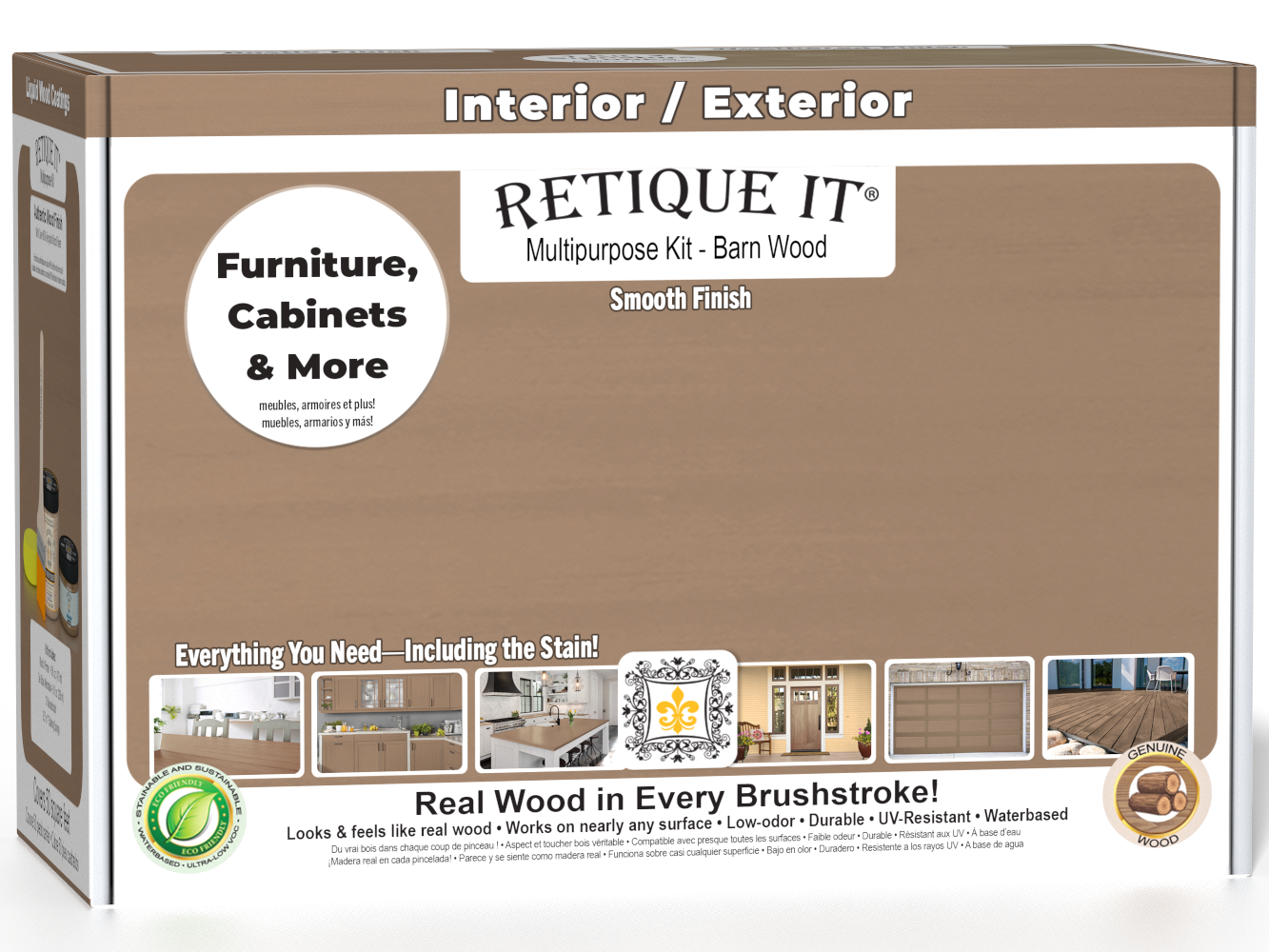Retique It® Multi-purpose Smooth Finish Kit in Barn Wood, medium size, with wood stain and finishing tools in the box.