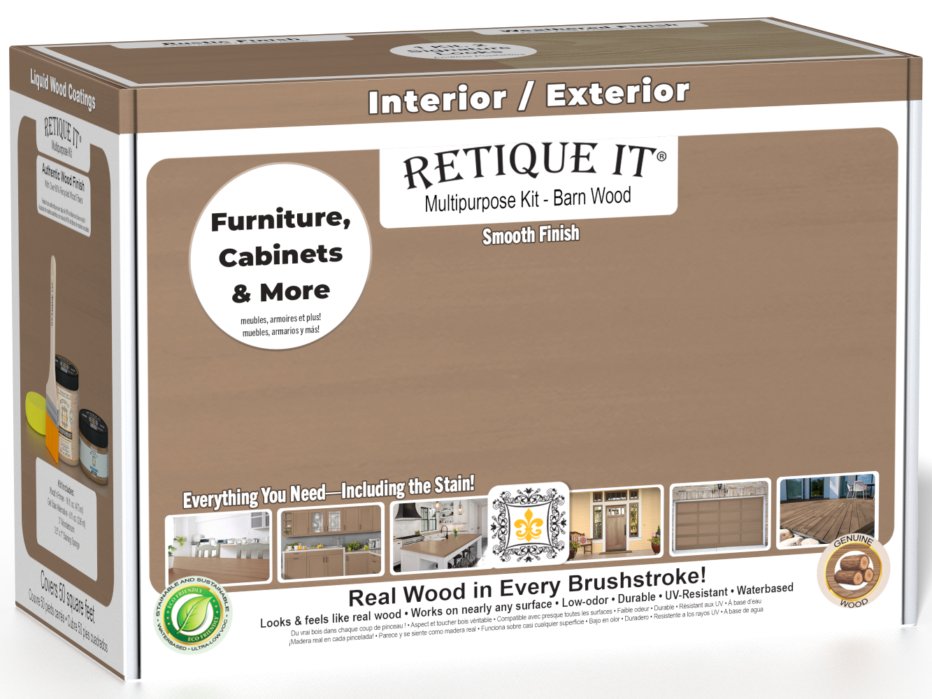 Retique It® Multi-purpose Smooth Finish Kit in Barn Wood for exterior wood surfaces, includes satin top coat and application tools.