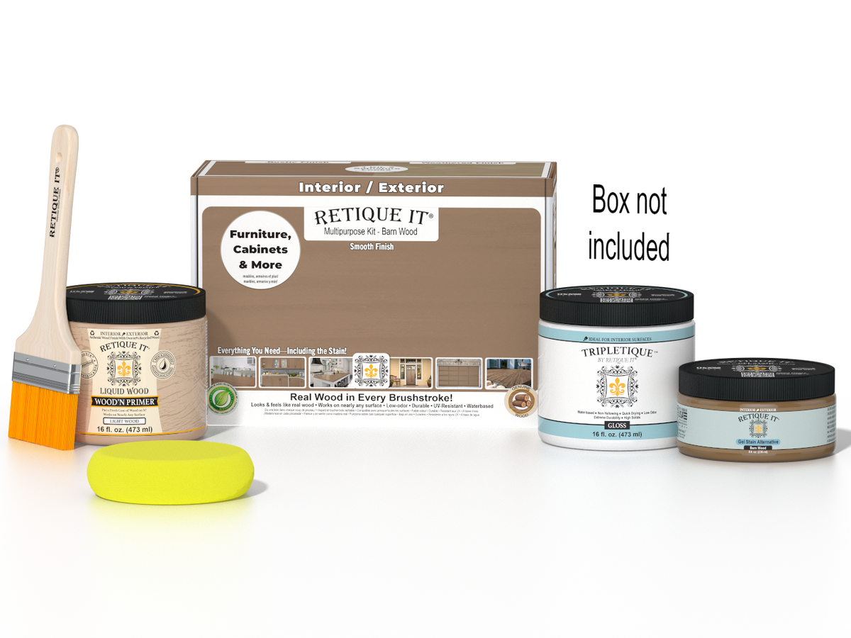 Retique It Multi-purpose Smooth Finish Kit in Barn Wood for interior top coat with gloss, shown with included components.