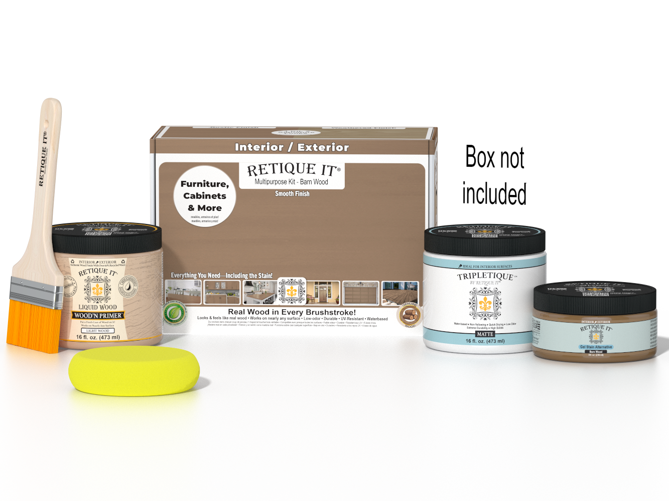 Retique It® Multi-purpose Smooth Finish Kit in Barn Wood for interior top coat, featuring a matte finish and wood treatment components.