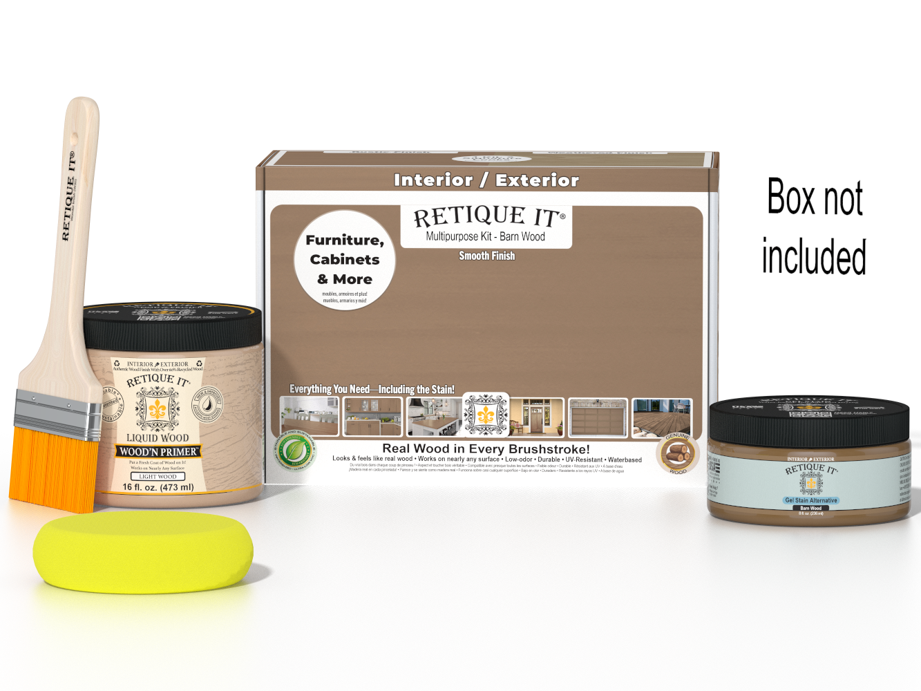 Retique It® Multi-purpose Smooth Finish Kit in Barn Wood for wood finishing projects, includes application tools and finish sample.