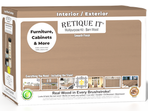 Retique It® wood finish kit with four large barn wood top coats featuring a smooth, matte interior finish in a box.